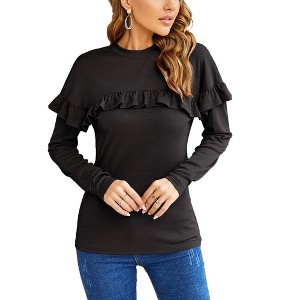 Whizmax Women's Ruffle Shoulder Ribbed Knit Turtleneck Tops Slim Fit Solid Long Sleeve Blouses Casual Layered Tops - 1 of 4