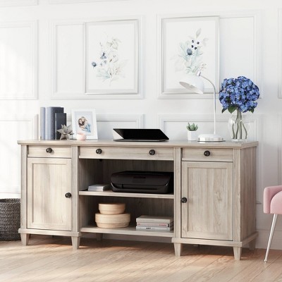 Chalk Oak Wood Credenza with Drawers and Shelves