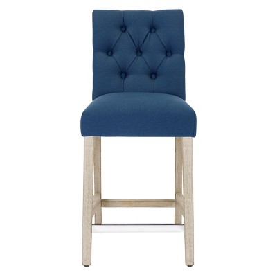 Blue Linen Tufted Bar Stool with Wood Legs, Set of 2