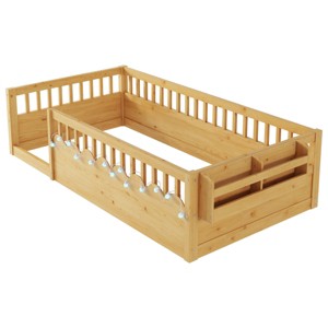 TopComfy Beds Twin Floor Bed Frame with High Rails Wood Kids Floor Beds with Storage Shelf Natural for Kids, Beige, 79.13"*13"*6.3" - 1 of 4