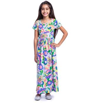 24seven Comfort Apparel Girls Floral Print Short Sleeve Pleated Maxi Dress
