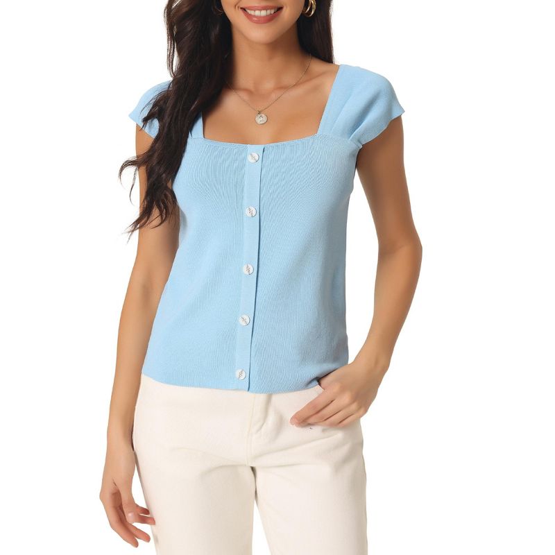 Seta T Women's Summer Square Neck Ribbed Buttons Decor Cap Sleeves Casual Pullover Tops, 1 of 6