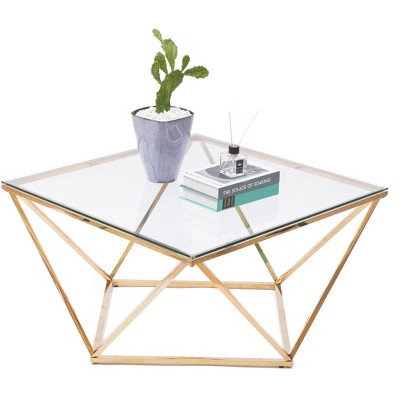 Fabulaxe Diamond Shaped Glass Modern Stainless Steel Metal Coffee Table