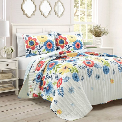 Lush Décor 3pc Full/queen Cottage Core Ariana Flower Reversible Oversized  Quilt Set Navy Blue : Target