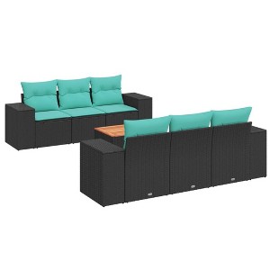 vidaXL 7 Piece Patio Sofa Set with Cushions Black Poly Rattan - Black and Blue - 1 of 4