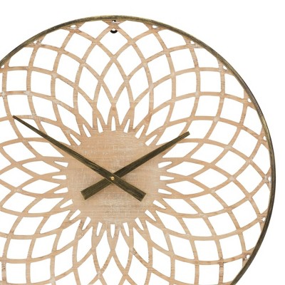 23.75" Round Lattice Natural Wood Wall Clock with Bronze Frame