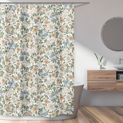Vintage Floral Blue and Yellow Fabric Shower Curtain