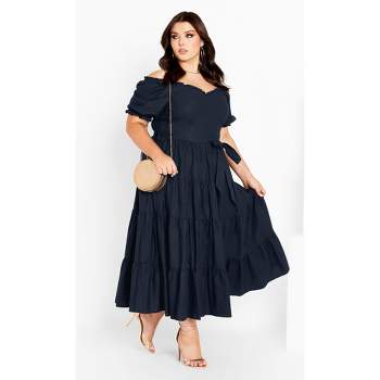 Women's Plus Size Puff Sleeve Maxi Dress - navy | CITY CHIC