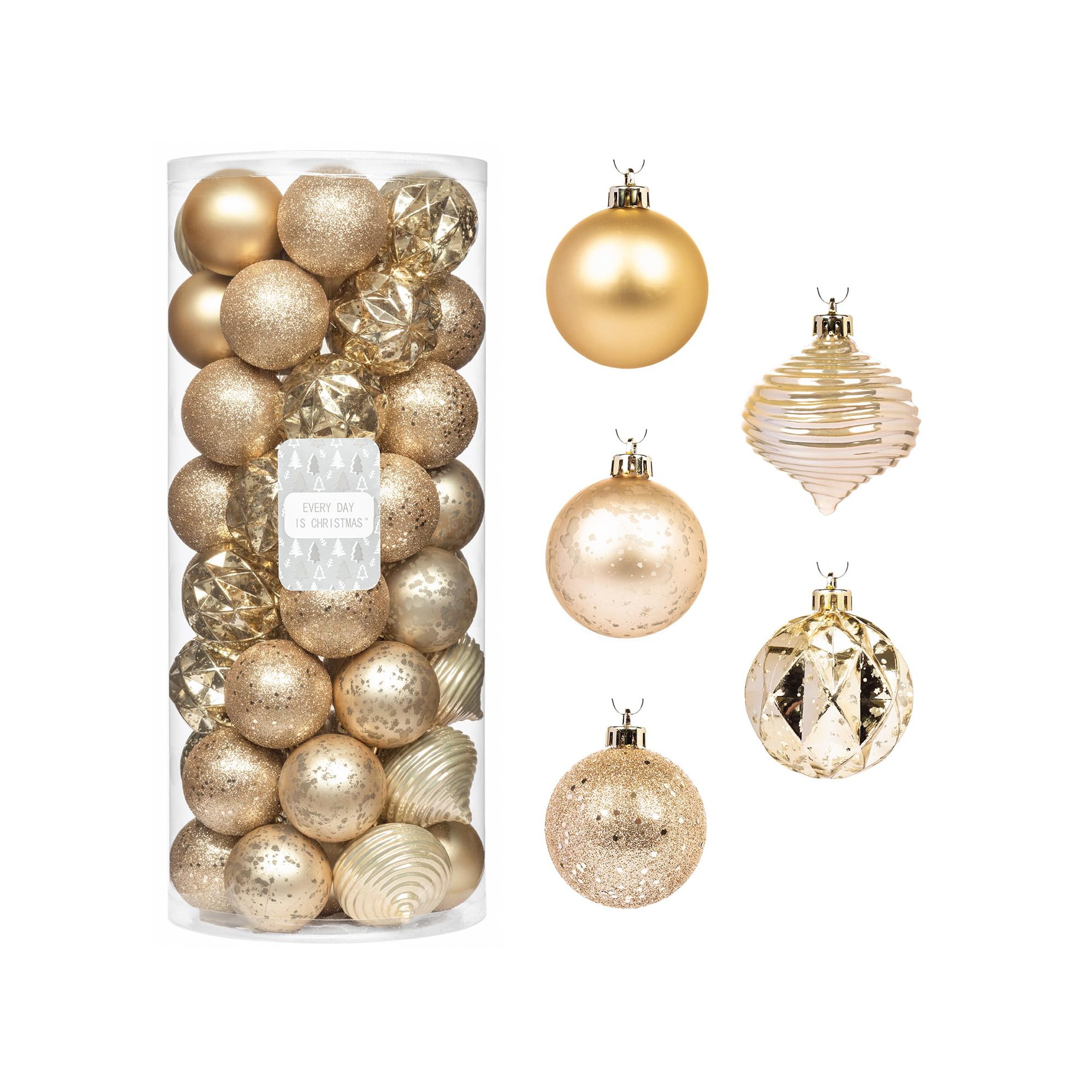 Every Day is Christmas Round 50ct 2.24"/57mm Shatterproof Christmas Tree Ornaments Set, Christmas Tree Balls Decoration (New Gold)