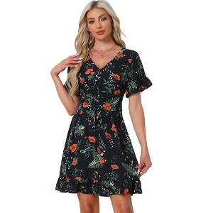 Allegra K Women's Floral Printed Summer Short Sleeve Ruffle Hem Lace Up Cinched Waist Dress - 1 of 4