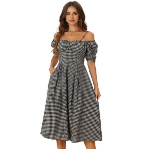 Allegra K Women's Vintage Spaghetti Straps Off Shoulder Swing Gingham Dress - 1 of 4