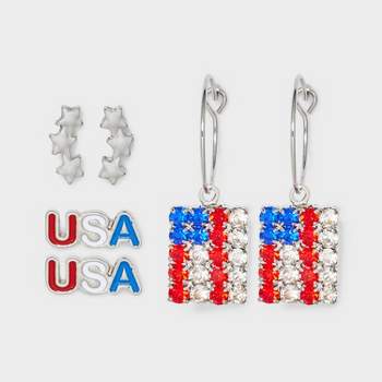 Americana USA and American Flag Earring Set 3pc - Red/Silver/Blue