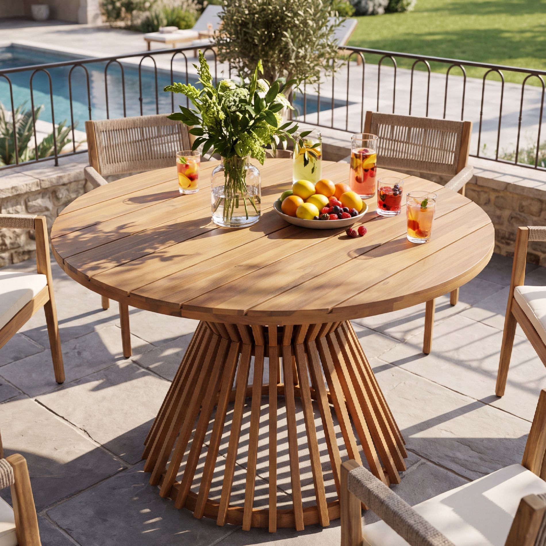 Christopher Knight Home Aubrey Modern Round Acacia Wood Patio Dining Table with Slatted Pedestal Design, Light Teak