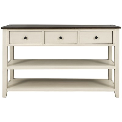 Retro Console Table With 3 Storage Drawers And 2-Tier Open Storage Shelf, Vintage Wooden Sofa Table With Solid Pine Wood Frame And Legs