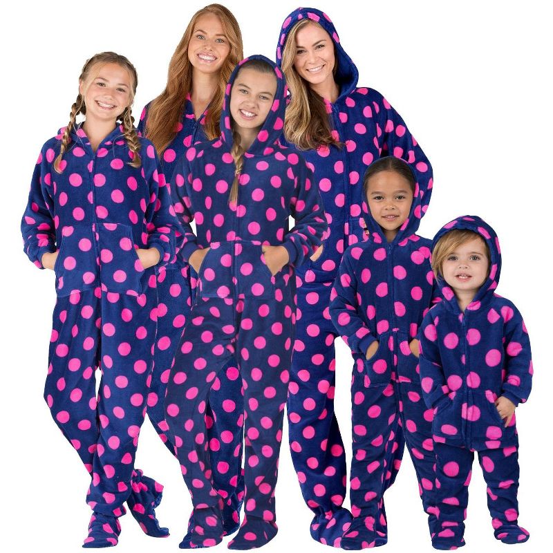 Footed Pajamas - Family Matching - Navy Pink Polka Hoodie Chenille Onesie For Boys, Girls, Men and Women | Unisex, 4 of 5