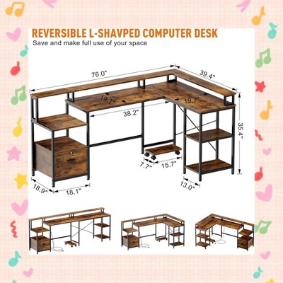 Garvee Versatile 76" L Shaped Office Desk – Reversible Computer Desk with Power Outlet, File Drawer, and Gaming Monitor Shelf for Home Office