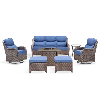Buenhomino 7 Piece Wicker Outdoor Furniture Set with 6-inch Thick Cushion, High Back Patio Furniture Set with Swivel Rocking Chairs and Fire Pit Table