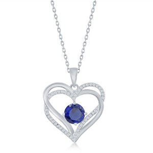 Bella Silver Sterling Silver Double Heart "September" Birthstone CZ 18" Pendant Necklace  - Sapphire CZ - Blue - 1 of 2