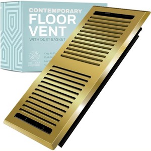 Home Intuition Contemporary Floor Vent Cover 4X10 Inch  with Mesh Cover Trap Heat and Air Metal Floor Vent for HVAC Duct, Polished Brass - 1 of 4