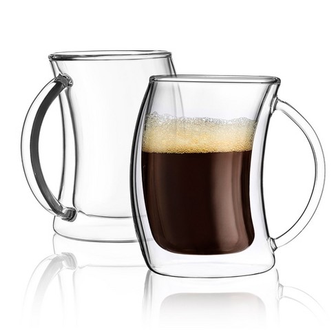 Jecobi Indulge Double wall glass with handle 10.oz Coffee Mugs Glass Cups  (Set of 2)
