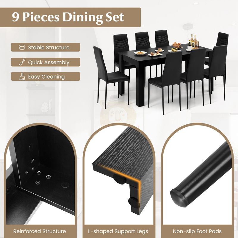 Costway Modern Rectangular Kitchen Table Set with 8 PVC Leather Dining Chairs Black, 5 of 9