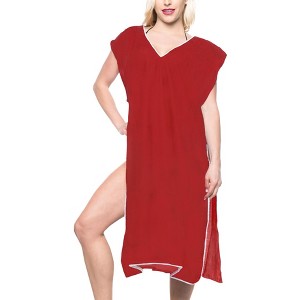 HAPPY BAY Women's Summer Short Vacation Beachwear Long Bathing Suit Front Tie Swimsuit Cover Ups for Women X-Large-XX-Large Red Solid - 1 of 4