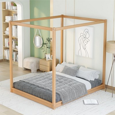 NicBex Twin Size Wooden Canopy Bed, Modern Platform Bed Frame with Fence for Boy and Girl, Easy Assembly
