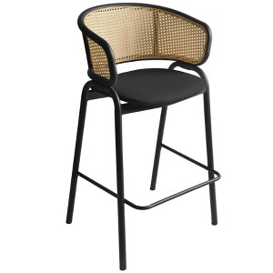 LeisureMod Ervilla Wicker Bar Stool with Grey Leather Fabric Seat and Black Steel Frame, Counter Height Seating - 1 of 4