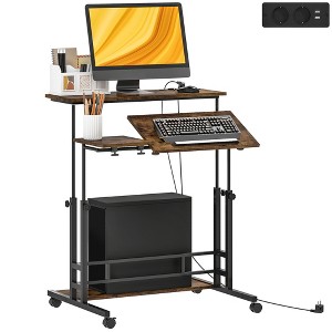 HOMCOM Standing Desk with Power Outlets, Height Adjustable Stand Up Desk with Tiltable Tabletop, Lockable Wheels, Shelf, for Home Office - 1 of 4