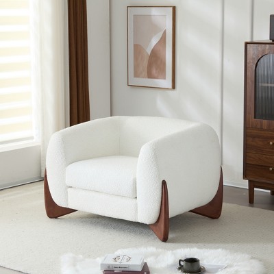 Modern White Boucle Upholstered Club Chair with Walnut Wood Legs