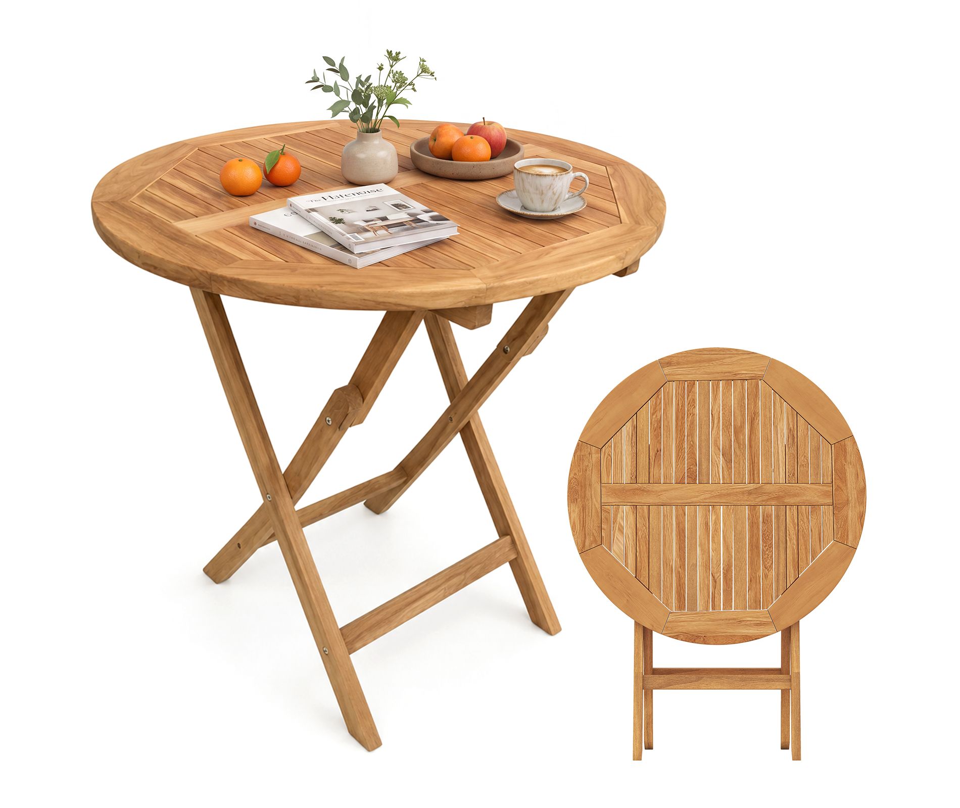 Costway 27.5" Outdoor Folding Dining Table with Slatted Tabletop & Reinforced Crossbars