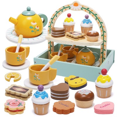 Skirfy Wooden Tea Party Set for Toddlers, Pretend Play Tea Sets for Kids with Storage Cupcake Stand