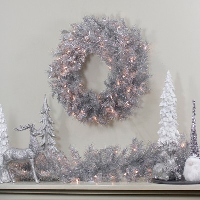 Northlight Pre-Lit Tinsel Artificial Christmas Wreath - 24" - Silver - Clear Lights