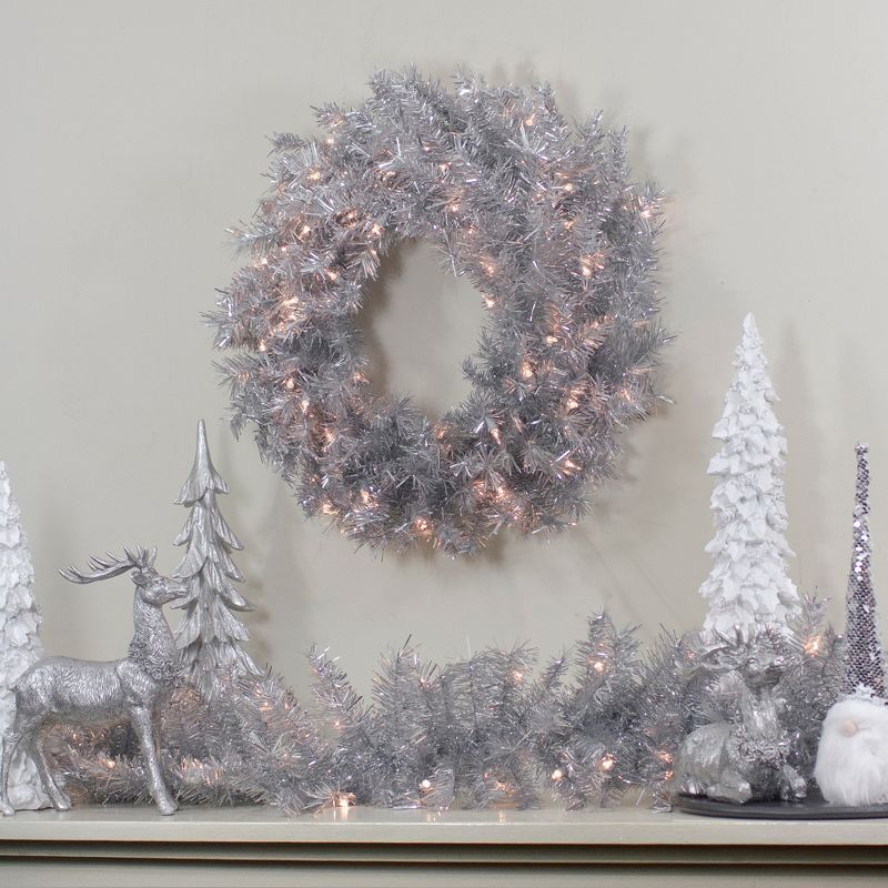 Northlight 24" Silver Tinsel Artificial Christmas Wreath, Clear Lights, 3 of 6