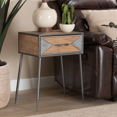 Antique Grey and Whitewashed Oak Industrial 1-Drawer Nightstand