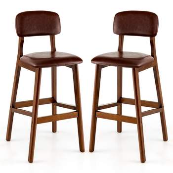 Costway Upholstered PU Bar Stools 29'' Dining Chairs with Rubber Wood Legs Brown