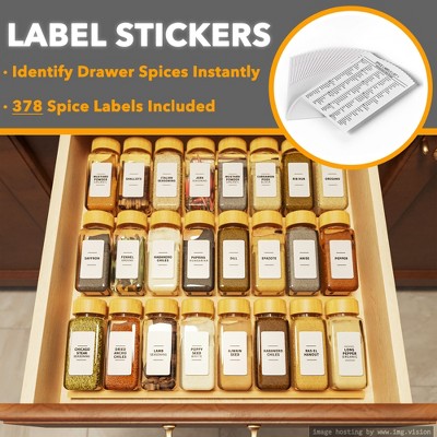 3-Tier Bamboo Spice Drawer Organizer with Glass Jars and Labels