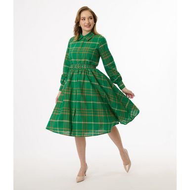 Unique Vintage Women's Belted Shirt Dress Green Plaid M/6-8 : Target