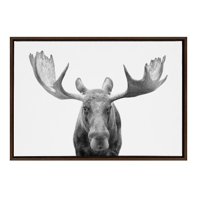 Moose Black and White Canvas Print with Brown Frame, 23x33
