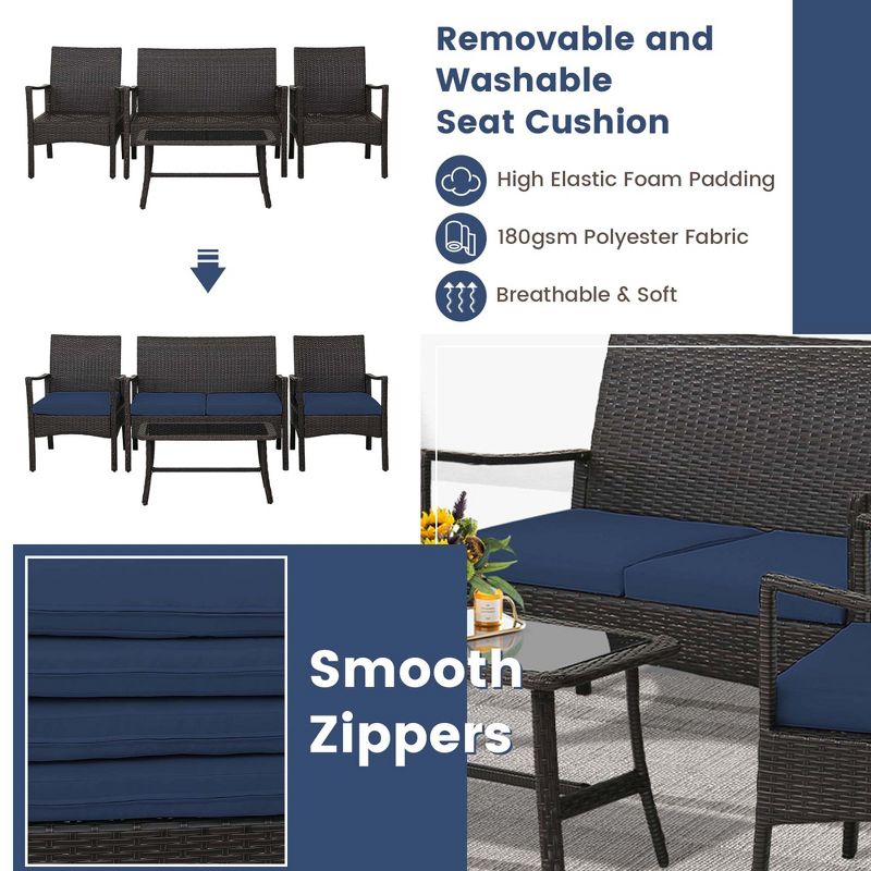 Costway 4PCS Patio Rattan Wicker Furniture Set Cushioned Sofa Armrest Coffee Table Navy, 5 of 10