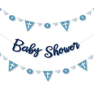 Big Dot of Happiness Blue Elegant Cross - Religious Boy Baby Shower Letter Banner Decoration - 36 Banner Cutouts and Baby Shower Banner Letters