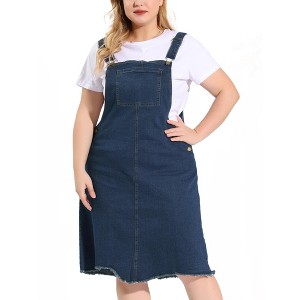 Women's Plus Size Overall Frayed Adjustable Strap Denim Suspender Shift Dresses - Agnes Orinda - 1 of 4
