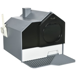 PawHut Hooded Cat Litter Box with Kitty Litter Mat, Easy-Clean Pull-Out Drawer, Dog Proof, House Shape Hooded Pan, Scoop, Gray - 1 of 4