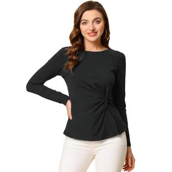 Allegra K Women's Comfort Round Neck Twist Front Long Sleeve Blouse Basic Top