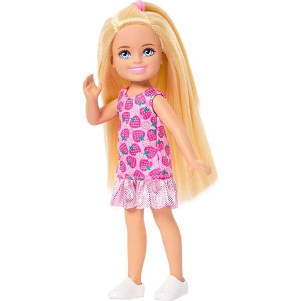 Muñeca Barbie Club Chelsea Small 6" con cabello rubio y vestido estampado de fresas y zapatos 5