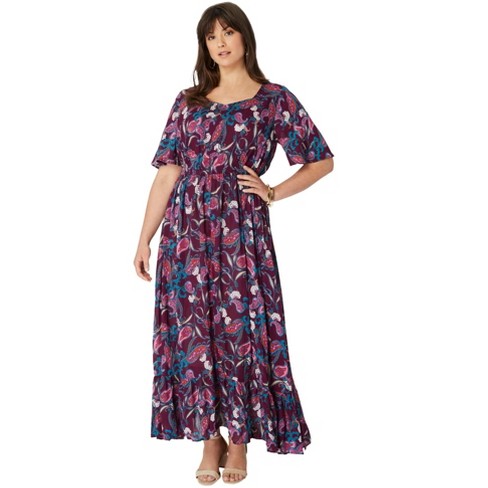 Roaman's Women's Plus Size Flutter-Sleeve Crinkle Maxi Dress - image 1 of 4