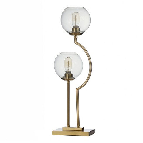 2 Steel Poles With Clear Glass Globe Up, Industrial 6 W Table Lamp With Globe Glass Shade And Wooden Base