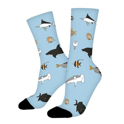Shark And Fish Women Printed Crew Socks Funny Funky Socks Soft Polyester Novelty Gifts for Artists Men