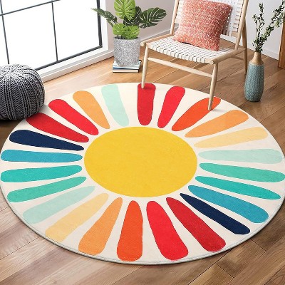 Colorful Machine Washable Area Rug, Non-Slip Indoor Carpet for Living Room, Bedroom, Modern Minimalist Front Door Mat with Sun Accent Design.