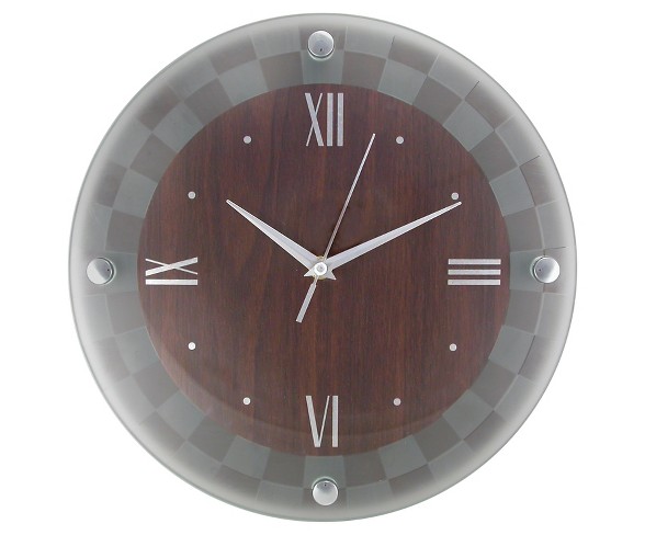 Frosted Glass 12" Wall Clock Walnut Finish - TimeKeeper&#174;